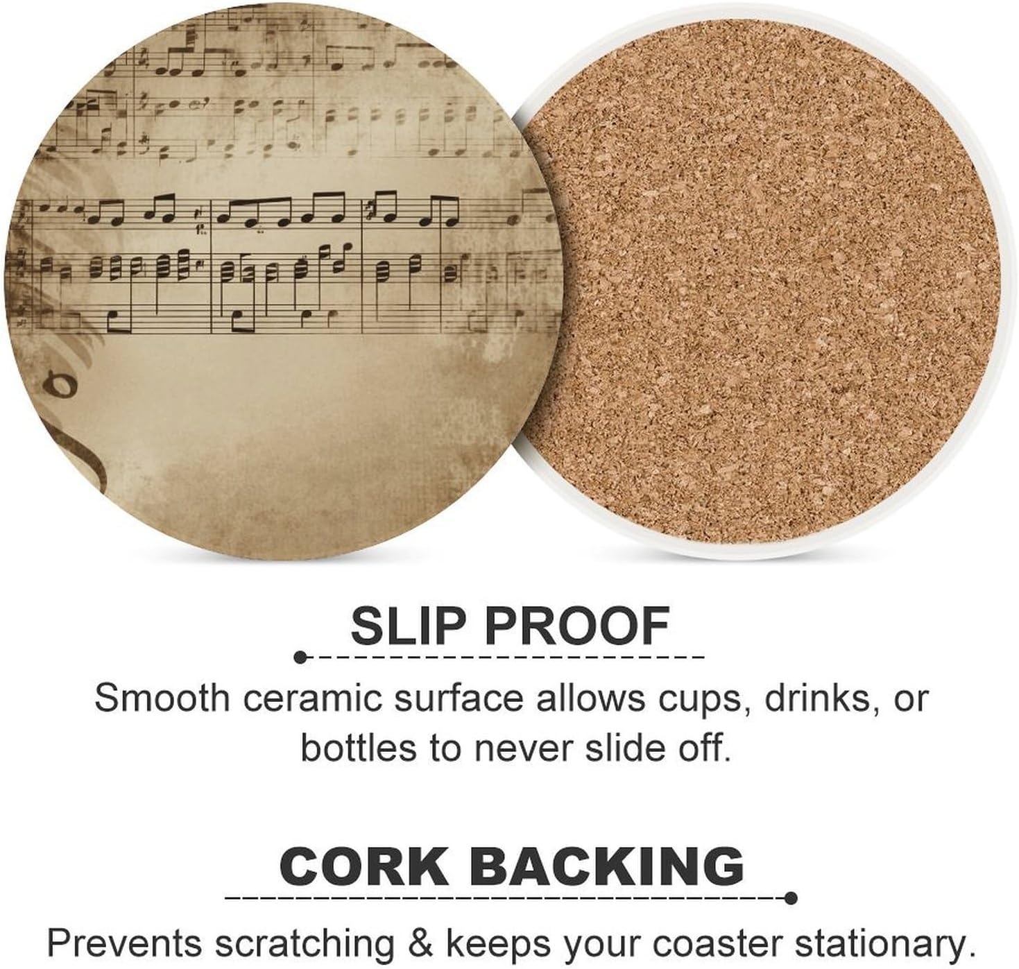 6PCS Music Notes on Old Paper Coasters Non-Slip Round Drink Coasters with Ceramic Stone and Cork Base, Heat Resistant Absorbent 33.00Stone Coaster Set for Kinds of Mugs and Cups, 4 Inch