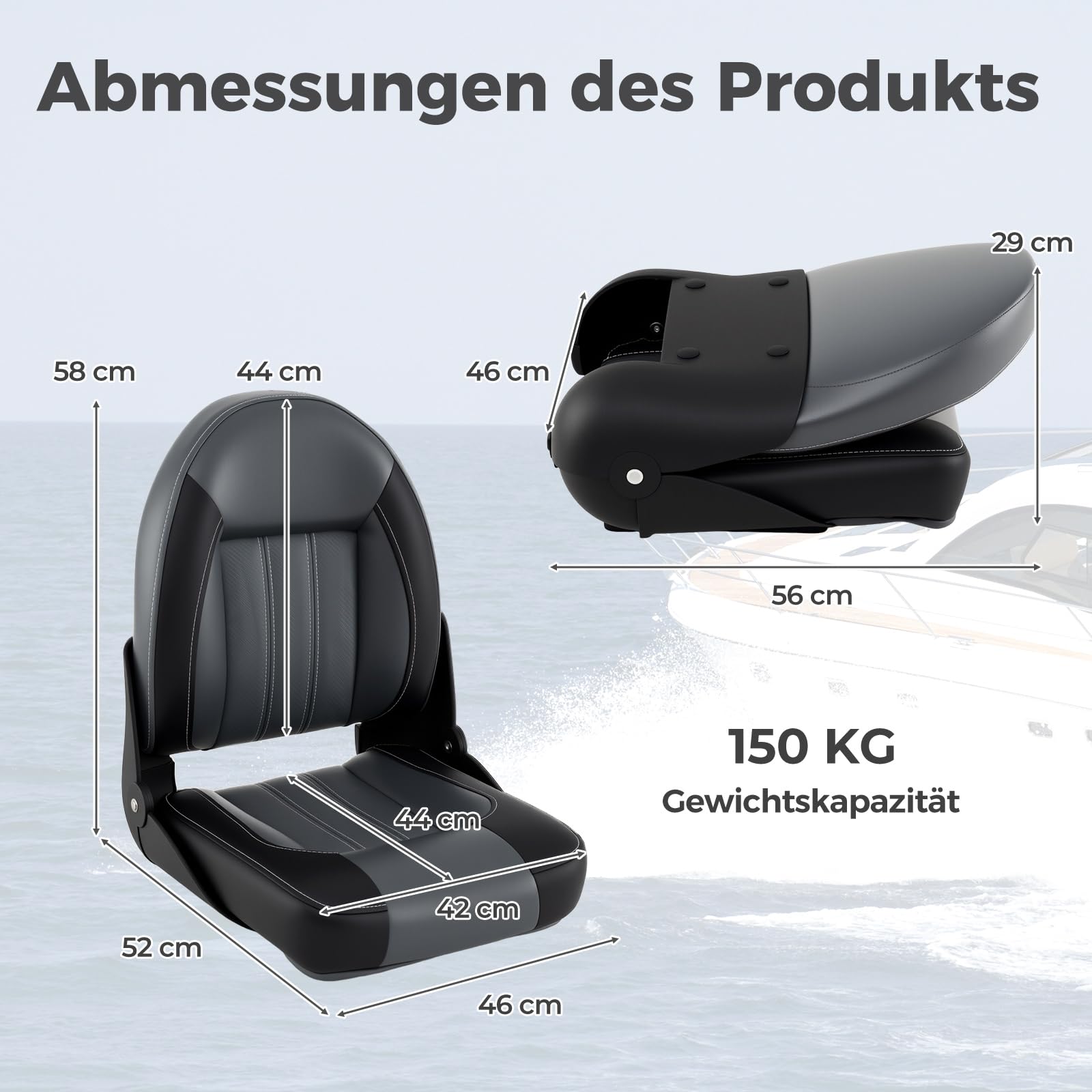 COSTWAY Hochlehner Bootssitz, 2er Set, klappbarer Bootsstuhl mit 7 cm dicker Schaumstoffpolsterung, gepolsterter Steuerstuhl für Boote, Schwarz