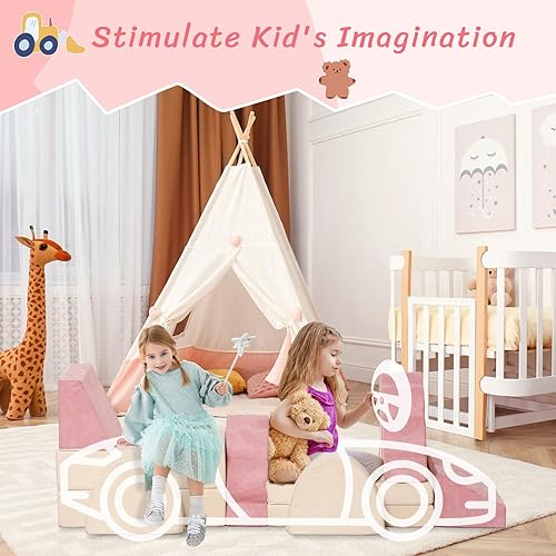 Miniatura 6 de Sofá de juegos para niños, 10 unidades, sofá seccional de espuma de alta densidad, muebles para dormitorio de niñas y niños (rosa)