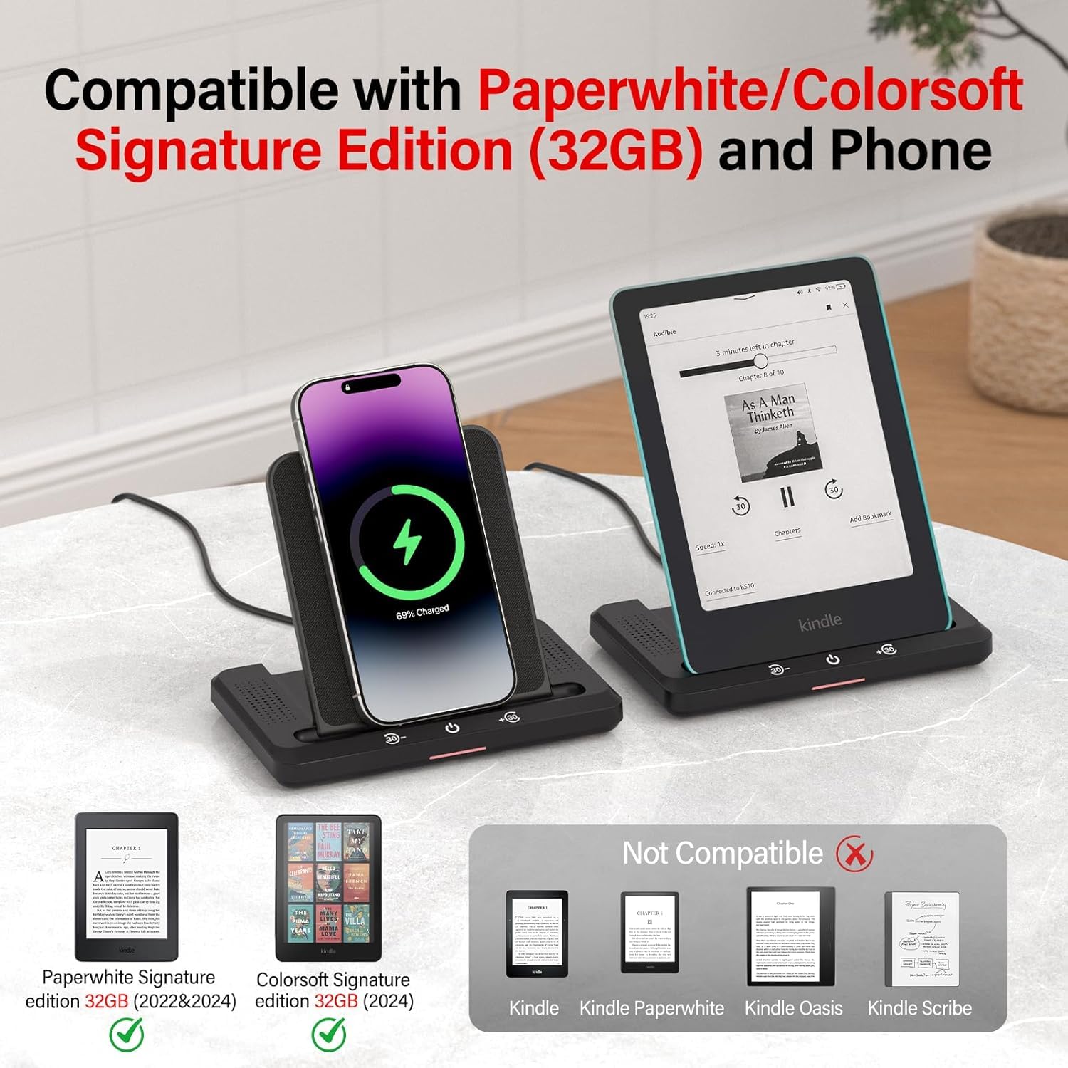 Dock di ricarica wireless e altoparlante per audiolibro, ricarica wireless compatibile con Kindle Paperwhite Signature Editions 32 GB (2022 e 2024) e Kindle Colorsoft Signature Edition (32 GB), iPhone
