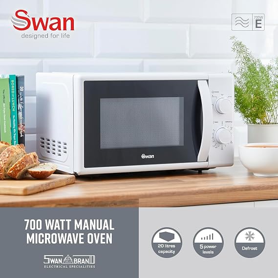 Swan Elegance White 1.7L Kettle, 4 Slice Toaster, Breadbin, 3 Canisters, Mug Tree, Kitchen Roll Holder & 700W 20L Microwave SM4420WHT. Contemporary Matching Kitchen Set of 9 Textured White Finish