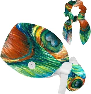 FVQL 2 Pieces Surgical Cap for Long Hair Scrub Cap with Hairband Nurse Cap, Colorful Pattern Bird Peacock Feather