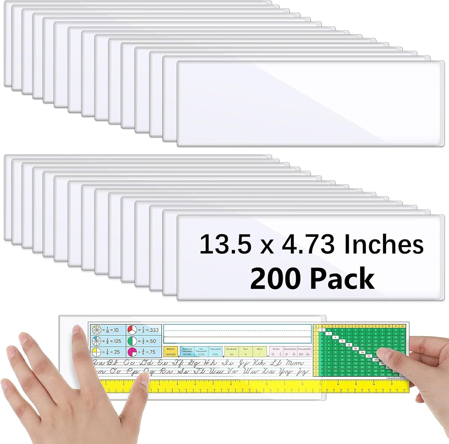 Outus 200 Pieces 4.45 x 13.19 Inch Clear Reusable Nameplate Pocket Bulk Thickened Self-adhesive Desk Name Tag Sleeves for School Classroom Desk, Office Supplies