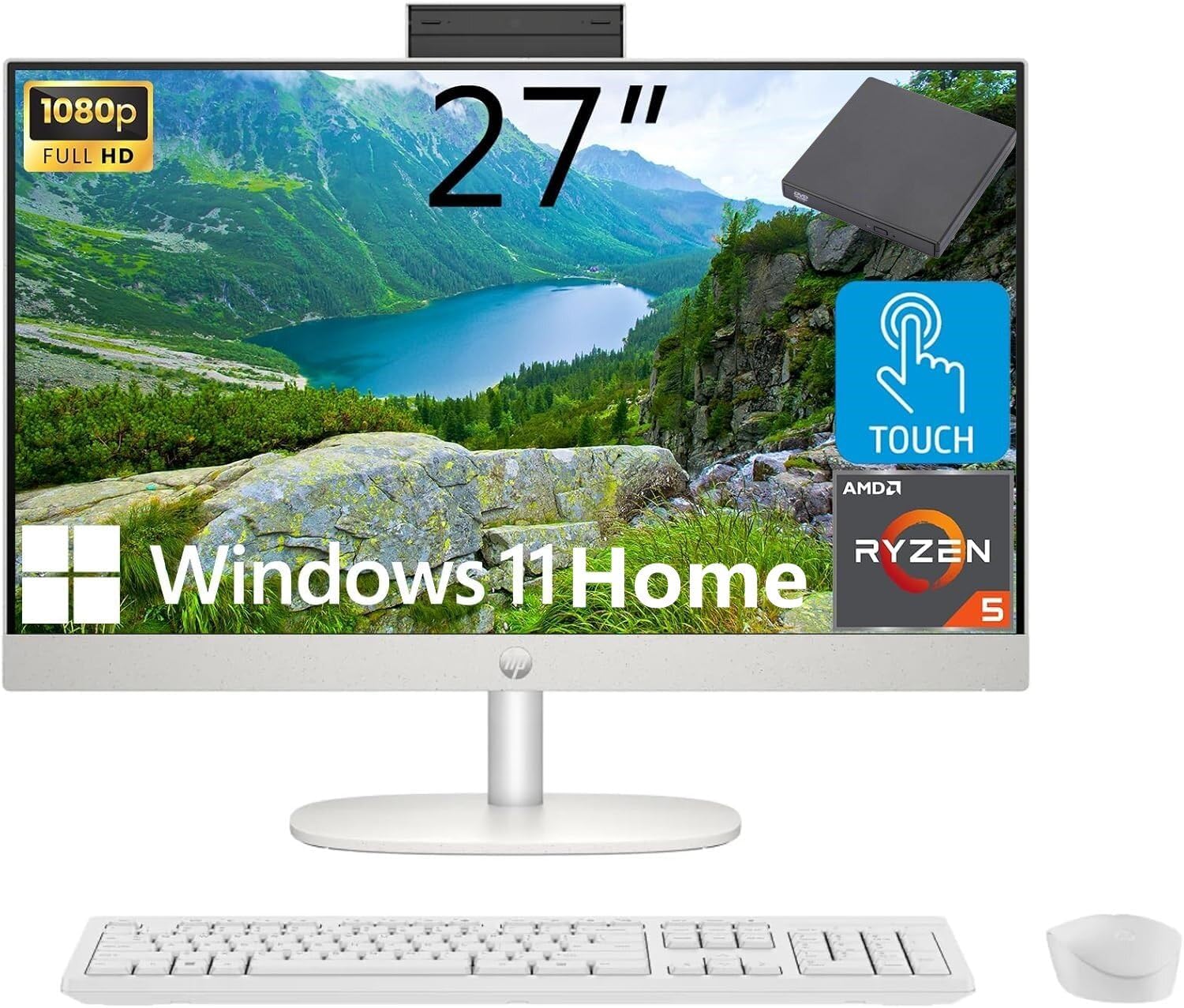 HP 27" FHD Touchscreen All-in-One Desktop, AMD Ryzen 5 7520U Quad Core, 16GB RAM 1TB SSD, 9H DVD & Wireless Keyboard & Mouse, Bluetooth, HDMI, Wi-Fi 6, Windows 11 Home, White