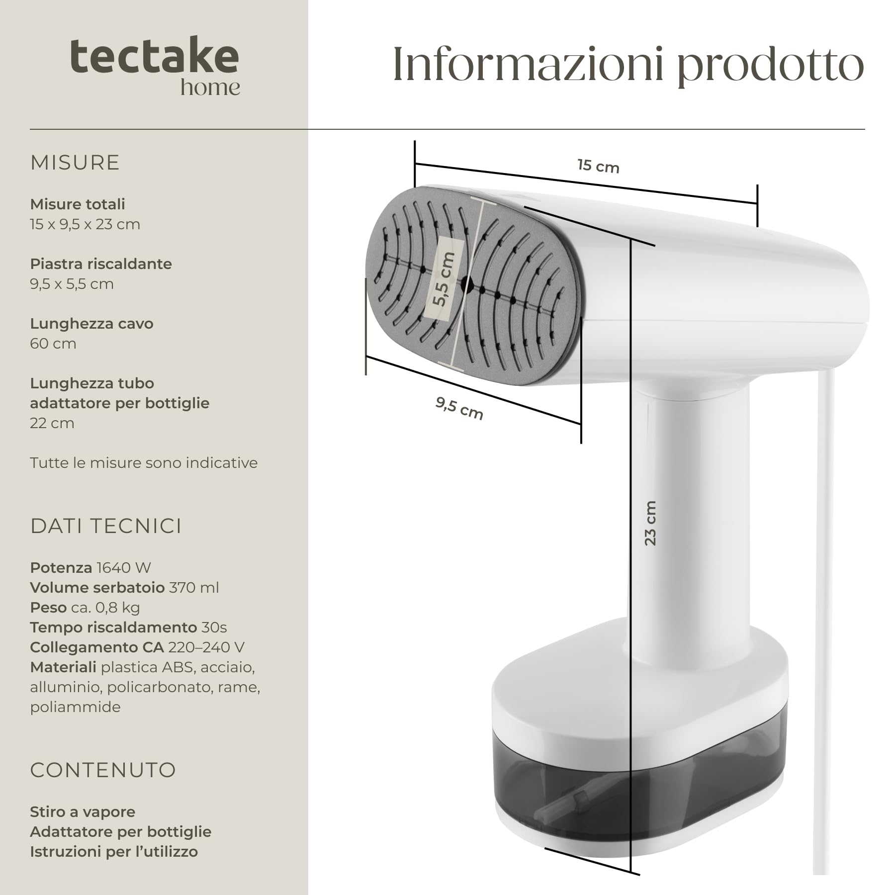 tectake® Stiratore Verticale, Ferro a Vapore con Serbatoio Ampio, Ferro da Stiro Verticale con 4 Modalità, Adatto a Tutti i Tessuti, Riscaldamento Rapido, Adattatore per Bottiglie - 1640 W