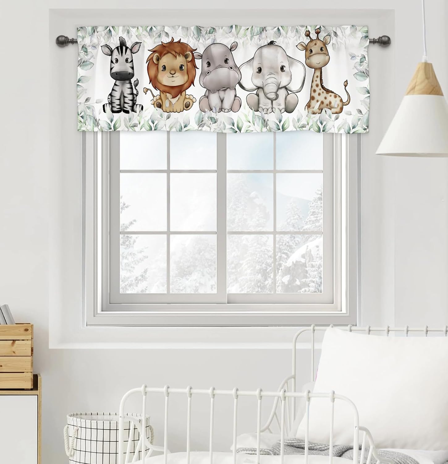 Cute Jungle Safari Animals Boho Green Leaves Valances 54''x18'' Nursery Toddler Bedroom Decor Drapes Short Curtain Lion Elephant Zebra Giraffe Hippo Window Treatment Kitchen Living Room 1 Pack