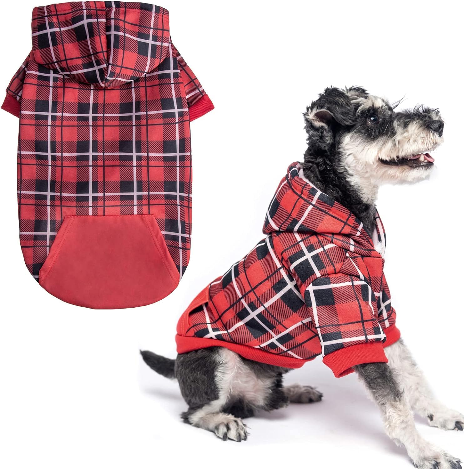 EXPAWLORER Plaid Dog Hoodie - British Style Warm Dog Sweater Shirt with Leash Hole,Pitbull Clothes Outfits,Winter Coat Apparel for All Breeds Puppy Girl Boy-Cat Apparel,Red Medium — image 1