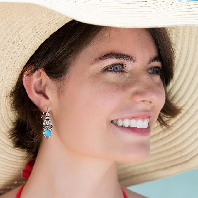 Silver Turquoise Drop Dangle Earrings for Women Vintage Earrings with Teardrop Design, Turquoise Jewelry Stone & Beautiful Detailing