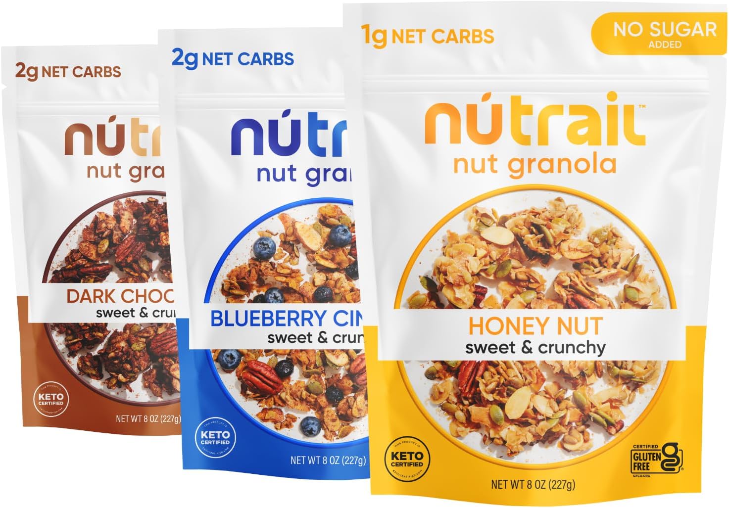 NuTrail Nut Granola Cereal, Variety Pack, No Sugar Added, Keto, Low Carb, Gluten Free, Grain Free, Healthy Breakfast 8 oz. 3 Count