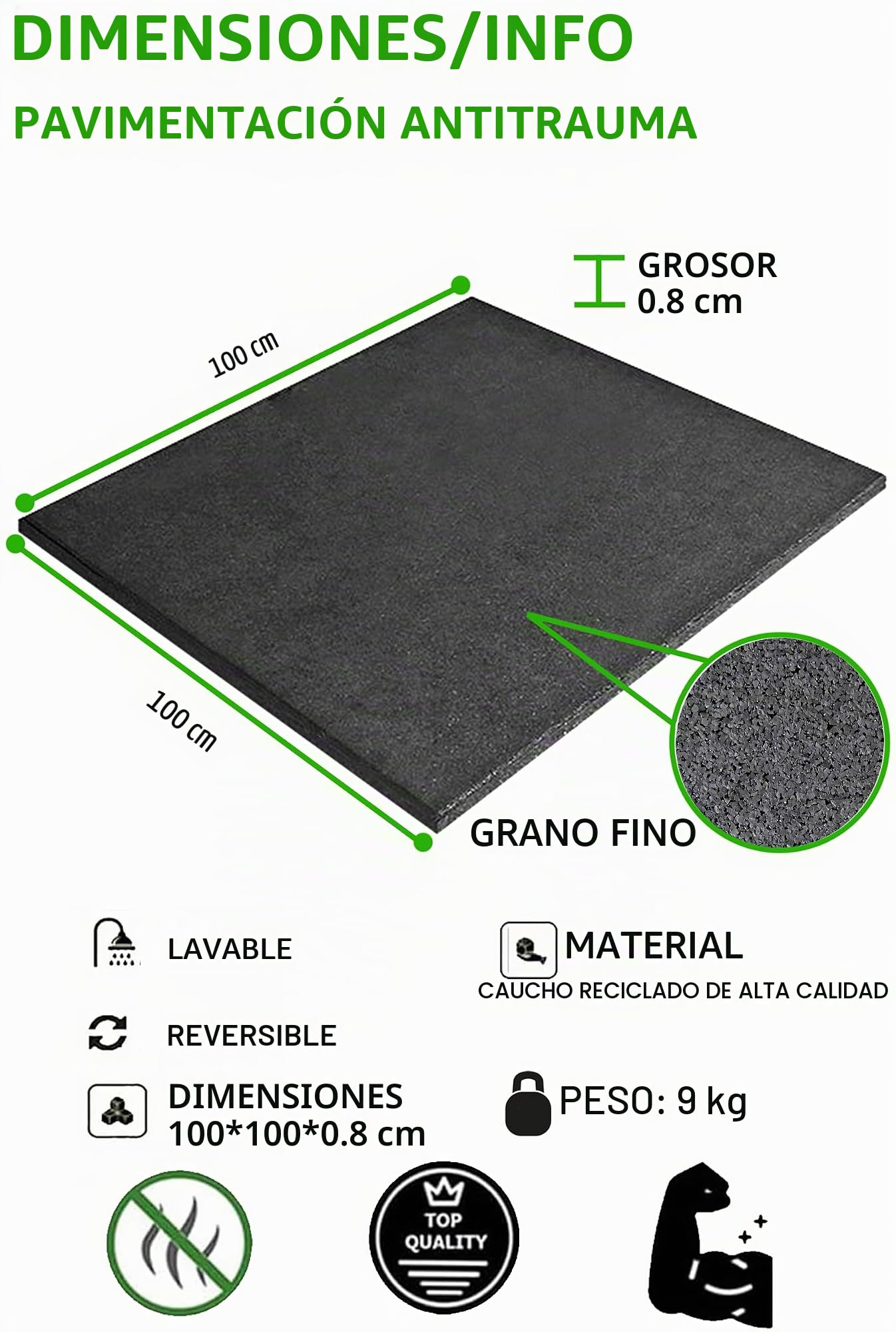 G5 HT SPORT Suelo antitrauma de goma reciclada | Suelo de goma para gimnasio 100 x 100 cm [Grosor 2 cm y 0,8] Parque de entrenamiento, gimnasios y áreas de fitness | Grano mediano