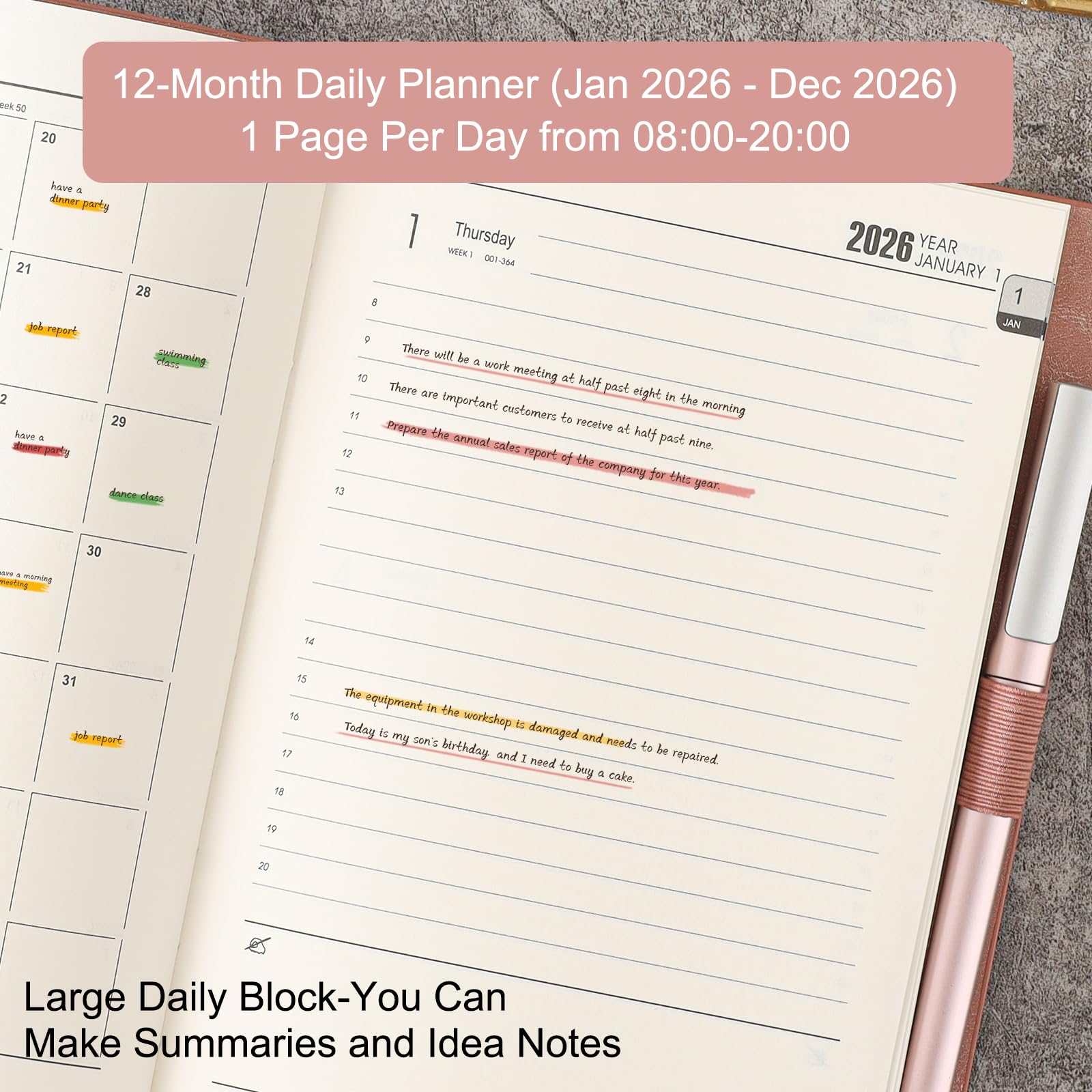 Academic Diary 2026,Diary 2026 Day Per Page, Hardcover Organized from Jan 2026 to Dec 2026, Agenda A5 Daily Monthly Planner with Monthly Tabs, Inner Pocket,Pen,Pen Loop,Stickers (Pink) - Image 3