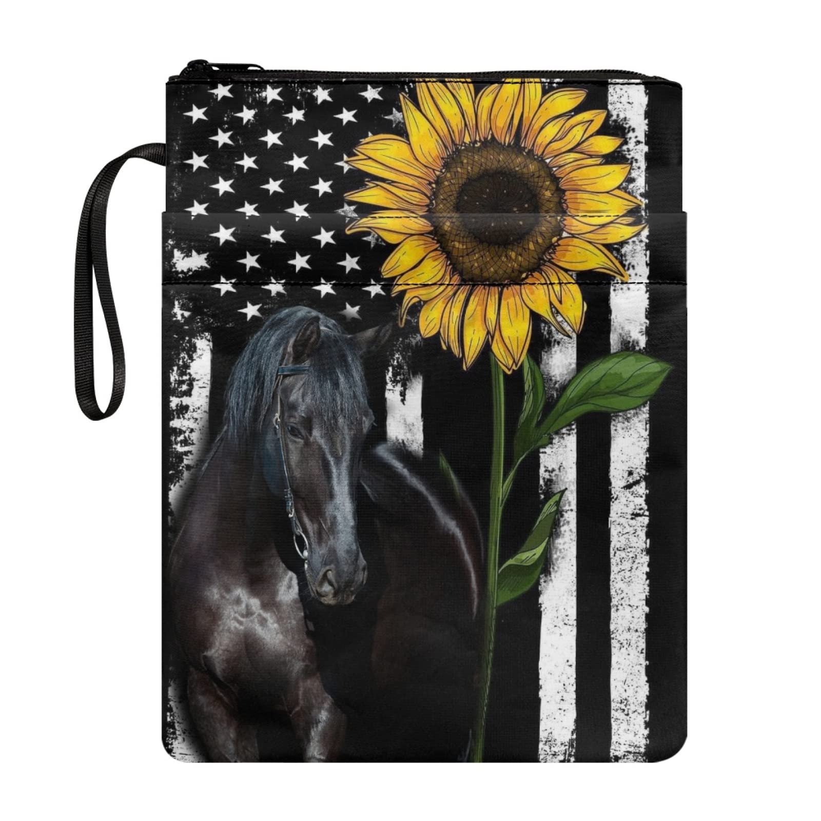 Biyejit American Flag Sunflower Horse Book Sleeve Book Protector Book Cover Hardcover Book Protectors for Paperbacks Washable Book Protection for Paperback Books with Zipper Book Lover Gifts