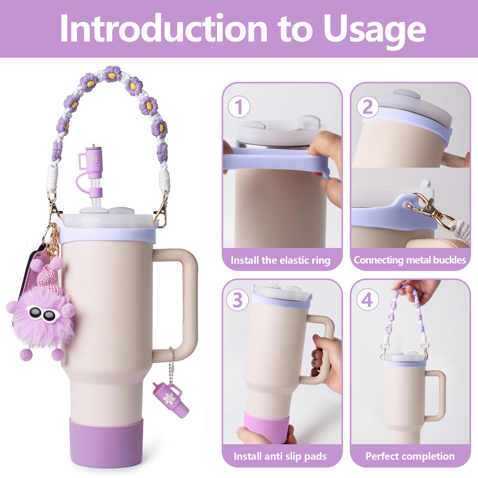 12-teiliges Lila Tassen-Zubehör-Set Für Stanley-Becher – Mit Griff, Auslaufstopper, Stiefel, Chapstick-Halter & Anhängern