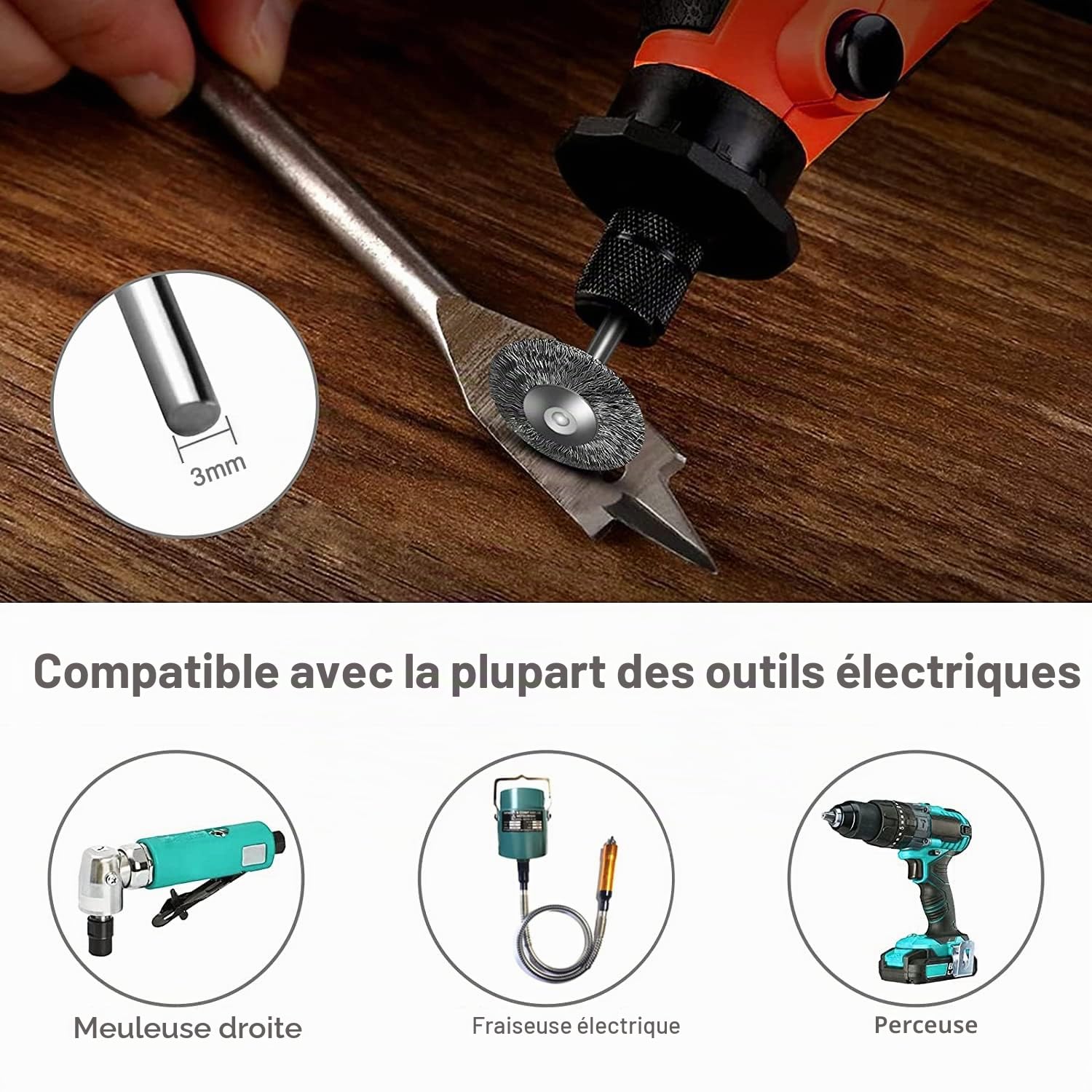 Brosse Metallique pour Perceuse, 40pcs Mini Brosse Métallique en Acier et Laiton pour Dremel Rotatifs Outils, 3 Formes avec Tige 3mm pour Polissage Dérouillage Nettoyage Ponçage