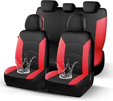 HChengkikz Car Seat Covers Full Set, Waterproof Neoprene Car Seat Covers, Airbag Compatible, Universal Automotive Seat Covers for Most Cars, SUVs, Trucks Black + Red
