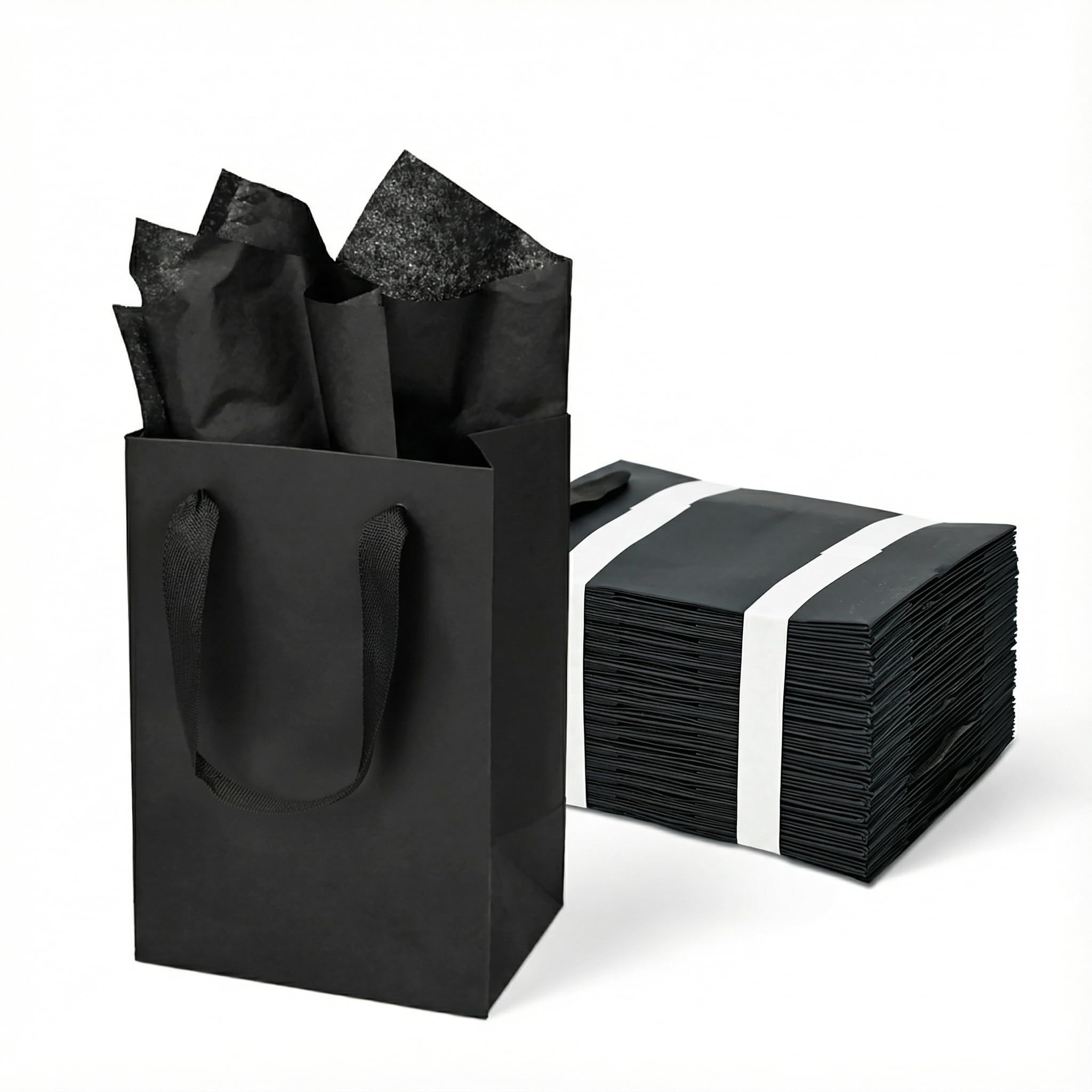 Papertide 30 Pack Black Slim Gift Bags 15.2x7.6x19 cm with Tissue Paper