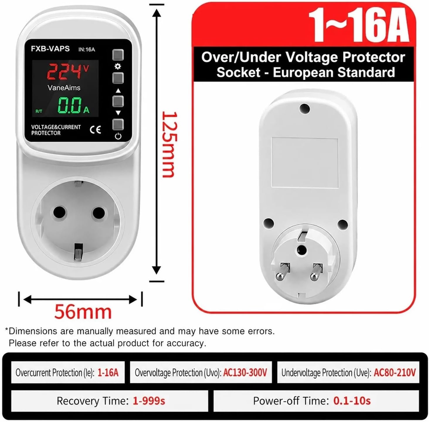 AC220V 16A Voltage and Current Protector Socket with LED Digital Display EU Socket Adjustable Over and Under Voltage Protection Device(EU)