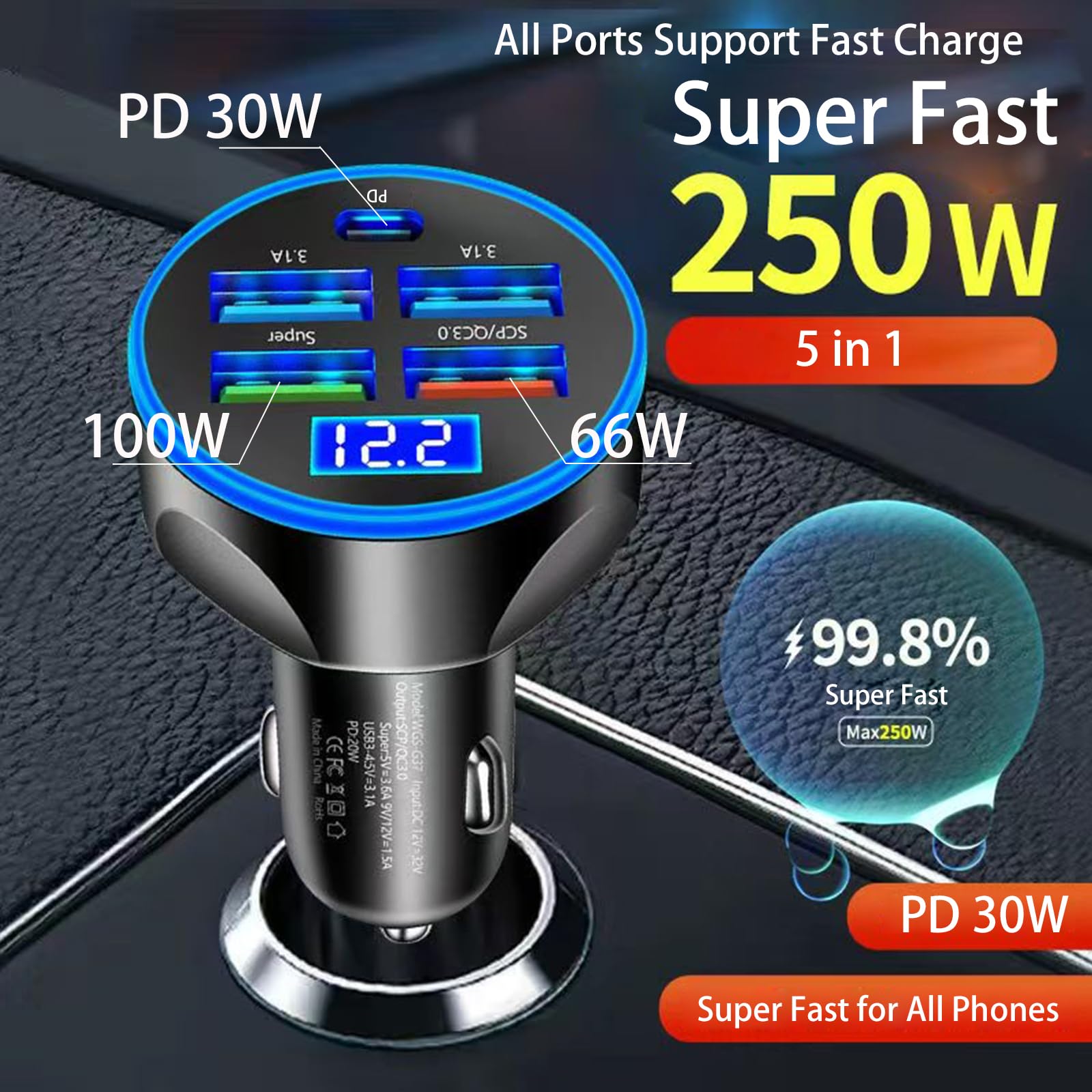 Multi Port USB C Car Phone Charger with Voltage Display Real PD 30W Super Fast Cigarette Lighter USB-C Charger Adapter for MacBook iPhone 16/15/14/13/12 Galaxy Android Phones