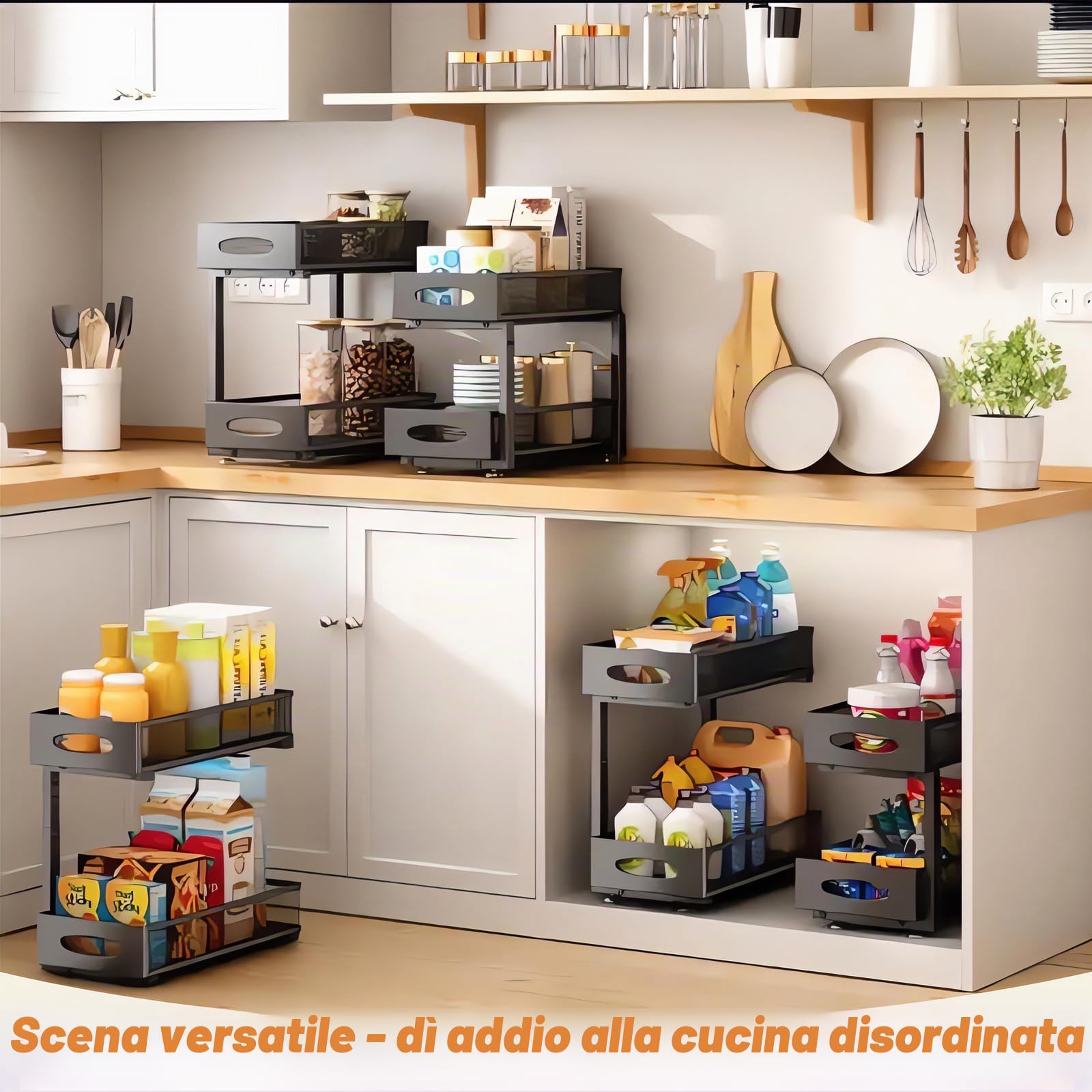Organizer Sottolavello Cucina, Portaoggetti Organizzatore Ripiano Salvaspazio in Metallo a 2 Livelli，Utilizzato Universalmente in Cucine e Bagno, Regolabile in Altezza - Nero (1 Pezzo)