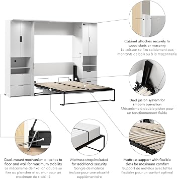 Bestar Full Murphy Bed with Storage Cabinet, White, Lumina, 107W | 2 Storage Cabinets; dual piston mechanism; for guest room or home office;