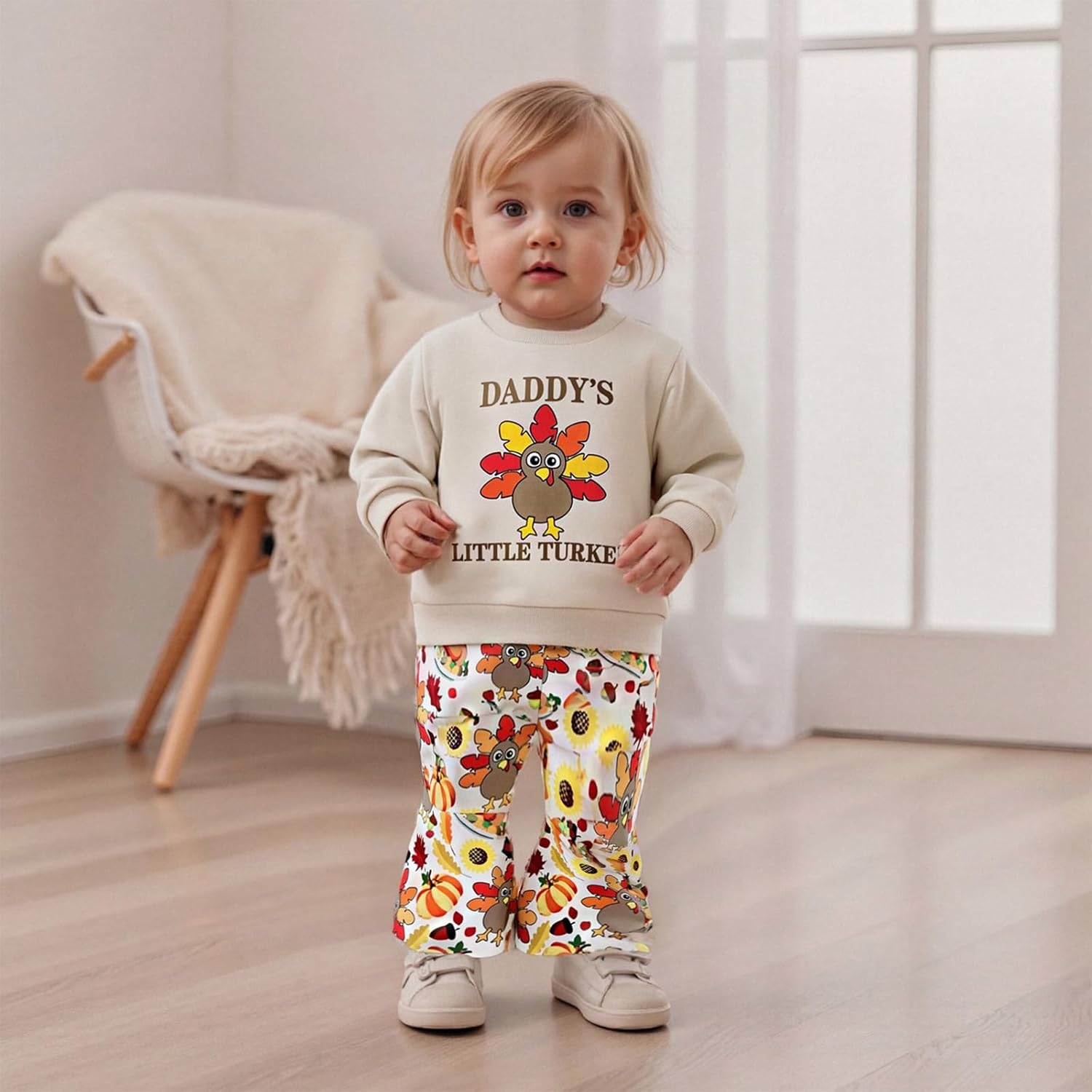 Karuedoo Toddler Baby Girl Thanksgiving Outfit Letter Print Crewneck Long Sleeve Sweatshirt Top and Flared Pants Set - Image 2