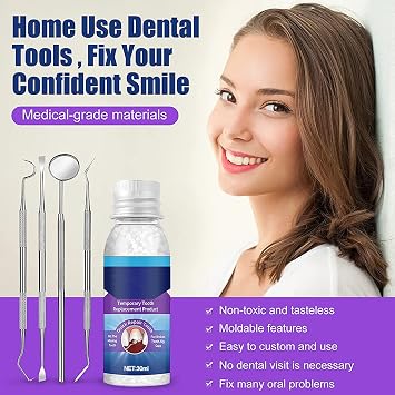 Tooth Filling Repair Kit - Temporary Tooth Repair Kit for Missing & Broken Teeth - Fake Dental Repair Repair Beads for Fixing or Chipped Teeth - Moldable False Teeth Filling Set with 4 Dental Tools