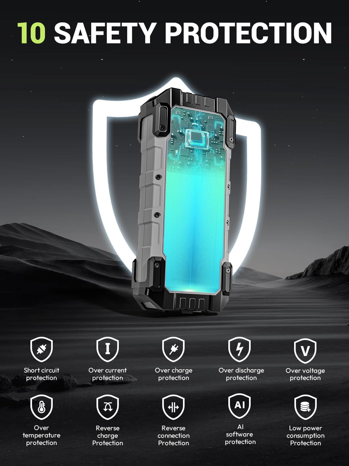 YESPER Armor Jump Starter highlighting 10 safety protections