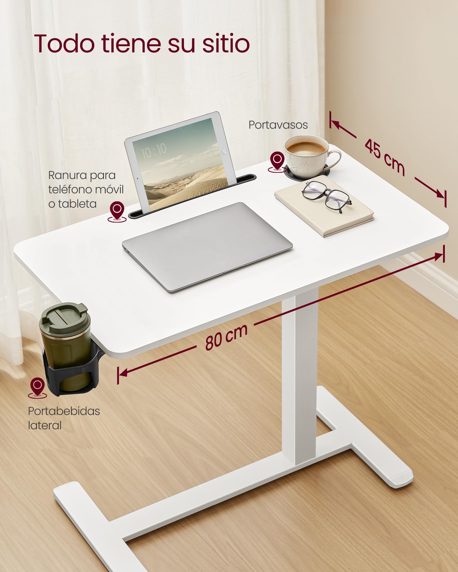 VASAGLE Escritorio con Ruedas, Mesa Auxiliar, Tablero de 80 x 45 cm, Altura Ajustable, 2 Portavasos, Ranura para Teléfono Móvil o Tableta, Blanco Nube LSD601W01