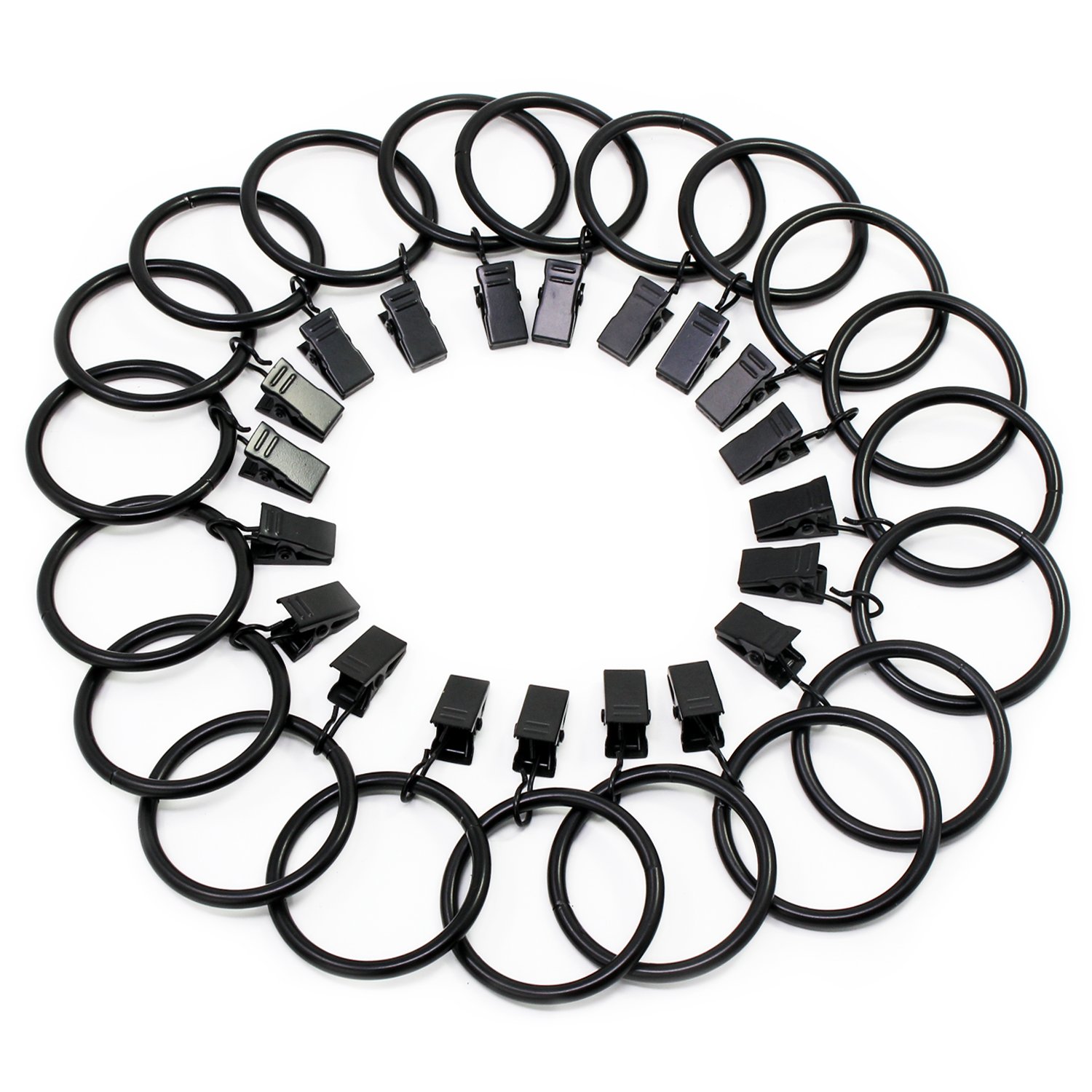 Fippy 20 Pezzi Anelli per Tende con Ganci, Anelli per Tende Neri in Metallo, Anelli per Tende con Clip per Tende e Canne, 38mm Diametro Interno