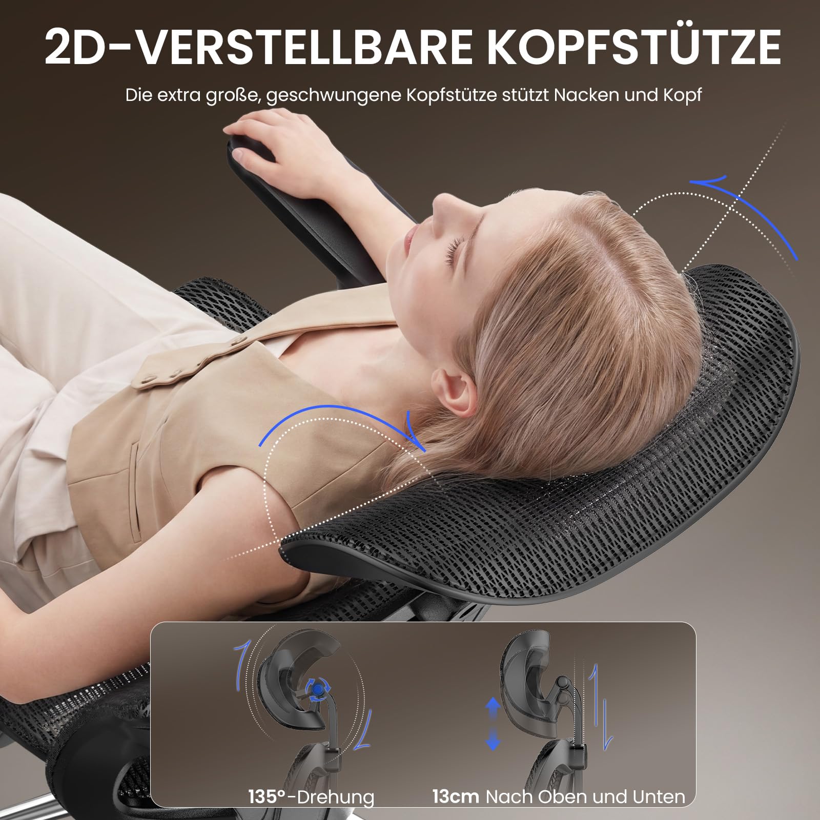 naspaluro Ergonomischer Bürostuhl, Schreibtischsessel mit Kopfstütze, 3-stufig Verstellbarer Rückenlehne, Stabiler Drehstuhl bis 150kg belastbar, Computerstuhl für Büro und Homeoffice, Schwarz