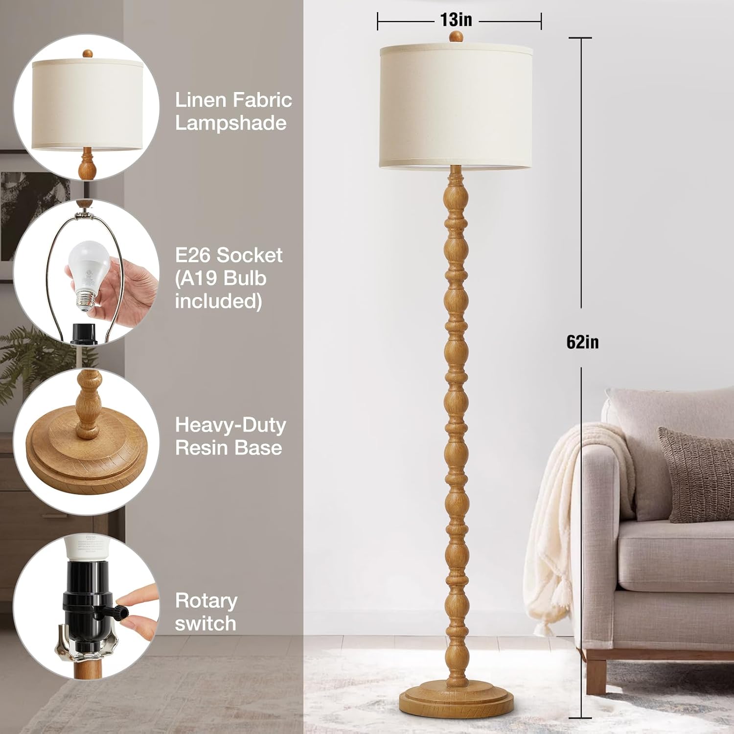 Luvkczc 62" Rustic Floor Lamp with Adjustable Color Temperatures, Retro Farmhouse Standing Lamp for Living Room, Bedroom, Corner, Dining Room - Rotary Switch Resin Floor Lamps for Home (Brown)