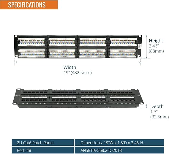 Tecmojo 48 Port Patch Panel, Cat 6 Patch Panel, 2U Patch Panel, Network Patch Panel for Network Switch, Unshielded Patch Panel for 19 Rackmount Devices, 10G Support, UL Listed