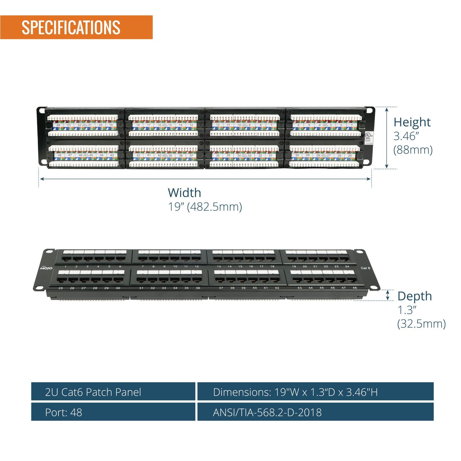 Tecmojo Pannello patch Cat6 a 48 porte elencato UL, Patch Panel di rete 2U per apparecchiature per montaggio su rack da 19", supporto 10G, non schermato