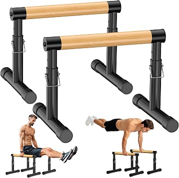 GanFindX Adjustable Wooden Parallel Bars, 3-Level Dip Bars for Home Gym | Beech Wood Push Up Bars with Non-Slip Steel Base 550 lbs to support for Handstands, L-Sits, Dips and Strength Training