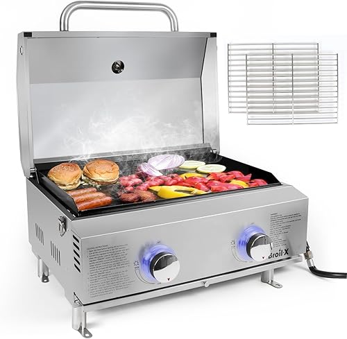 Portable Flat Top Grill with Hood, 22" Tabletop Gas Griddle Grill for Outdoor Cooking, 2 Burner Stainless Steel Propane Griddle Plancha with Grates