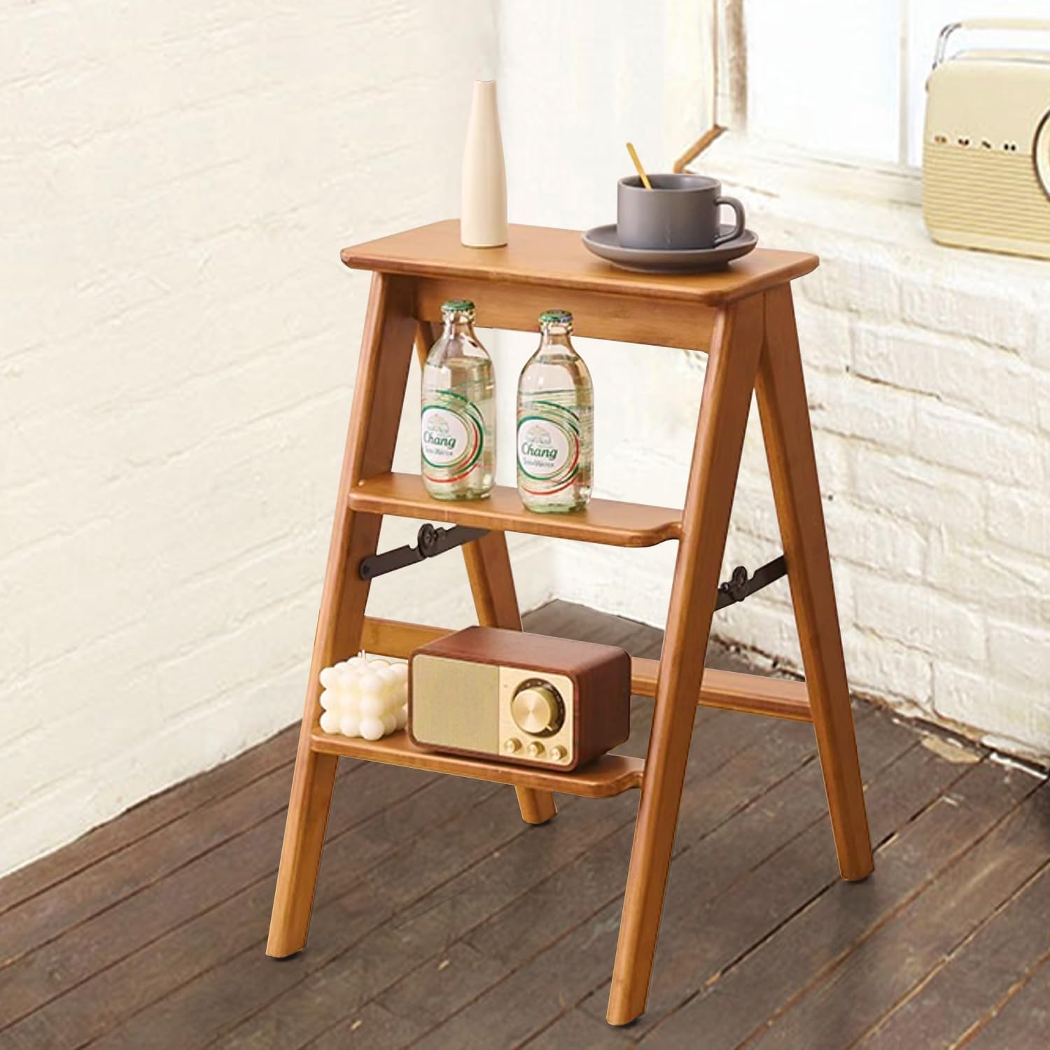 3 Tier Bamboo Ladder Bar Stool, Multi-Functional Foldable 3 Step Ladder Portable Wood Stool with Detachable Cushion for Home, Kitchen, Office, Space-Saving