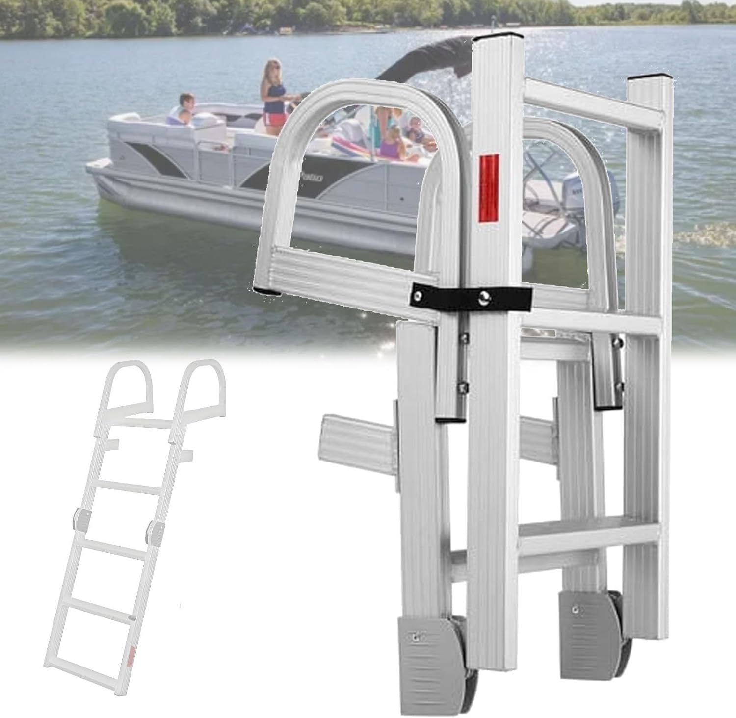5-Step Folding Swim Ladder with Non-Slip Grips, Removable Aluminum Dock for Pontoon & Boats, 440 lb Weight Capacity, Anti-Slip Treads for Pools & Watercraft.