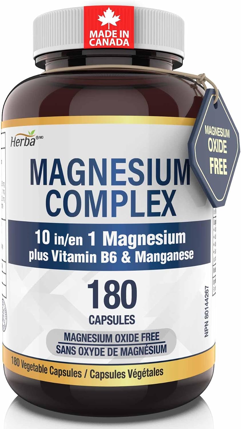 10-in-1 Magnesium Complex for Women and Men – 180 Capsules | Magnesium Malate, L-Threonate, Taurate & More | Plus Vitamin B6 & Manganese | NO Magnesium Oxide | Herba | Made in Canada