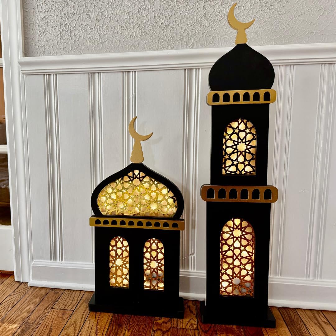 Al Minar Masjid Structure with LED Lights & Hilal, MDF Decorative Lighting for Home & Mosque (Black Masjid Minar)