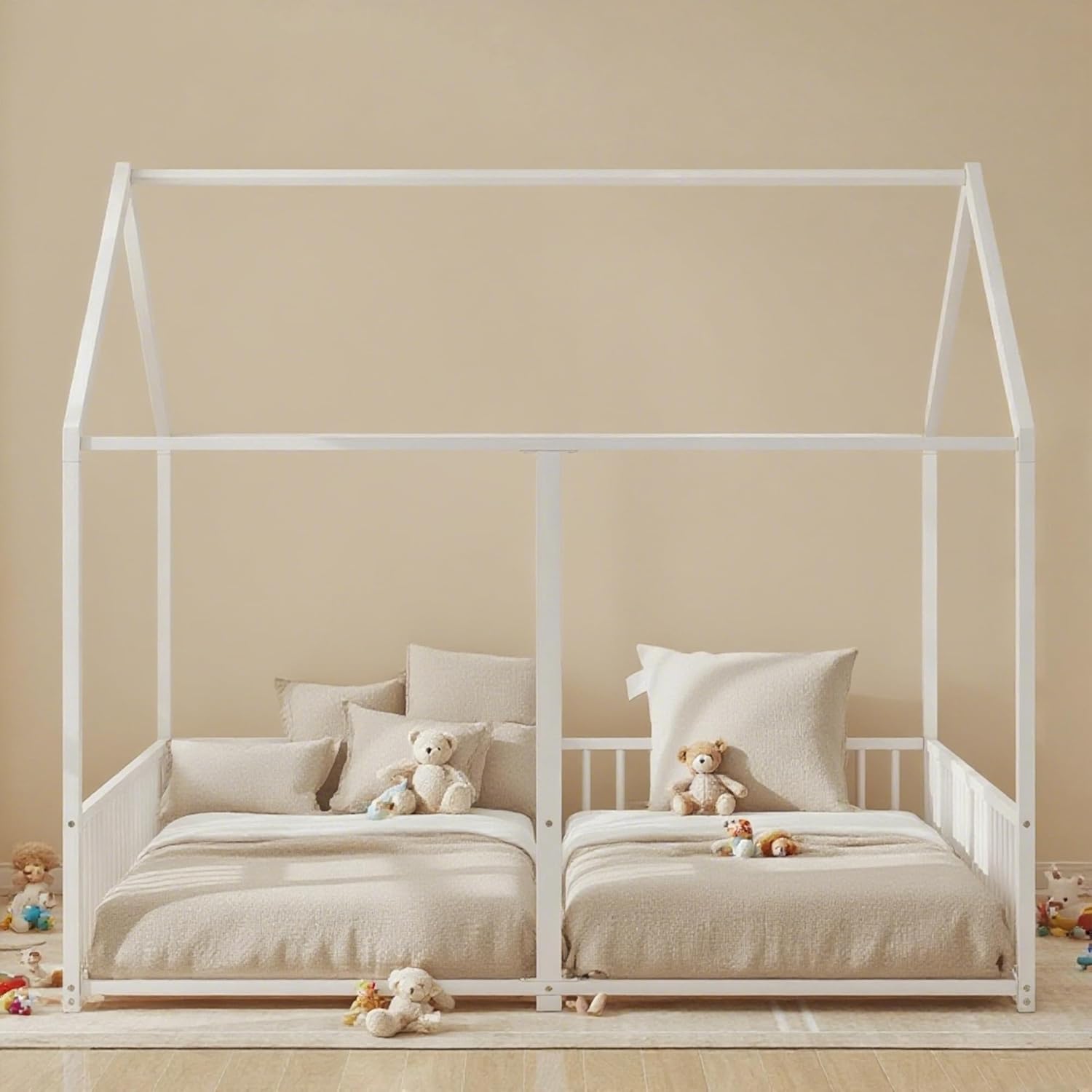 House Double Metal Bed Frame with Fence & Roof Design for Kids Teens Bedroom, Twin Size Two Shared Beds for 2 Boys/Girls, No Box Spring Needed & Easy Assemble & Noise-Free, Antique White