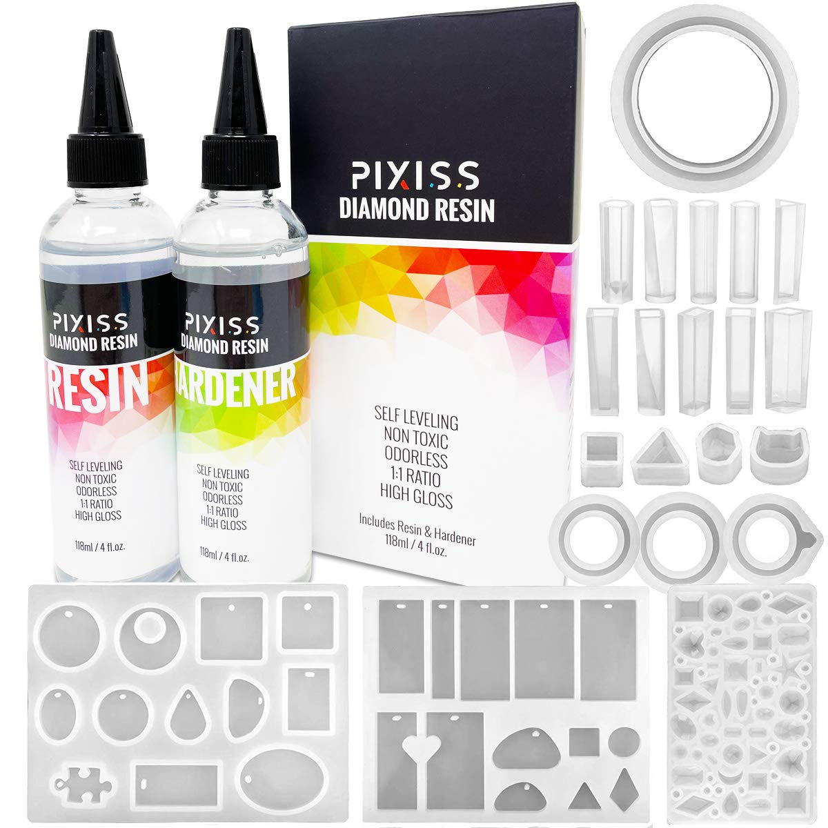 Jewelry Epoxy Resin Crystal Clear Casting Resin for Epoxy and Resin Art | Pixiss Brand Easy Mix 1:1 (8-Ounce Kit) | Silicone Jewelry Mold Kit for Earrings, Bracelets, Rings, Pendants
