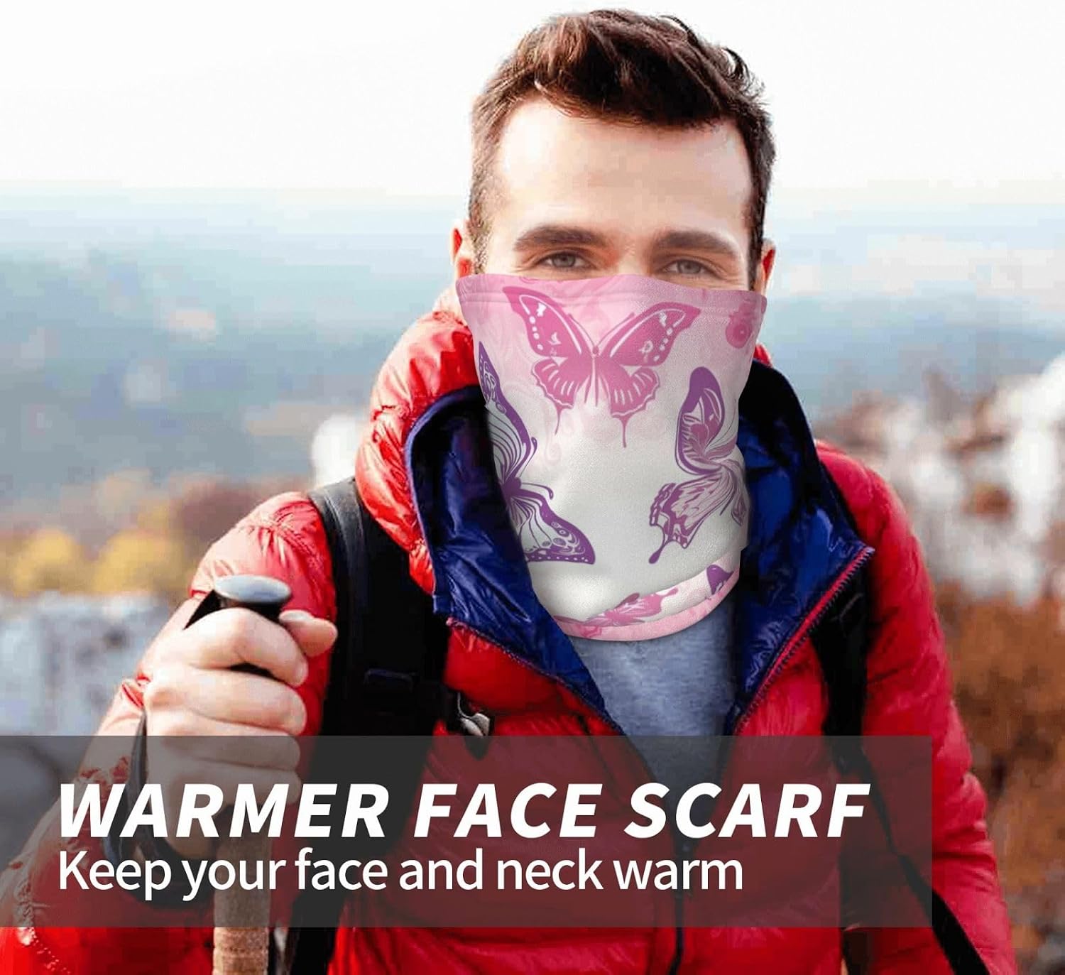 Winter Neck Warmer for Men Women, Pink background butterfly Neck Gaiter UV Sun Protection Face Mask Windproof Cold Weather Face Cover Thermal Ski Mask Scarf for Outdoor Sports Bandana