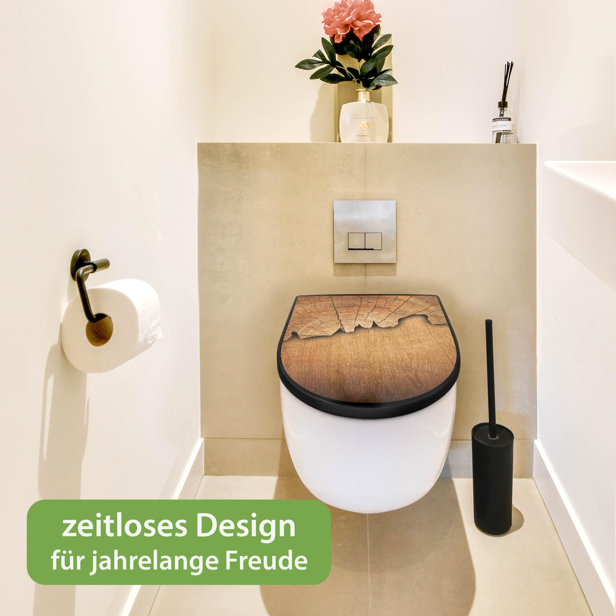 banjado WC Sitz mit Absenkautomatik D Form - Toilettendeckel mit Absenkautomatik D Form - Klodeckel Softclose - stabile Klobrille - Toilettensitz Schwarz - Motiv Holz