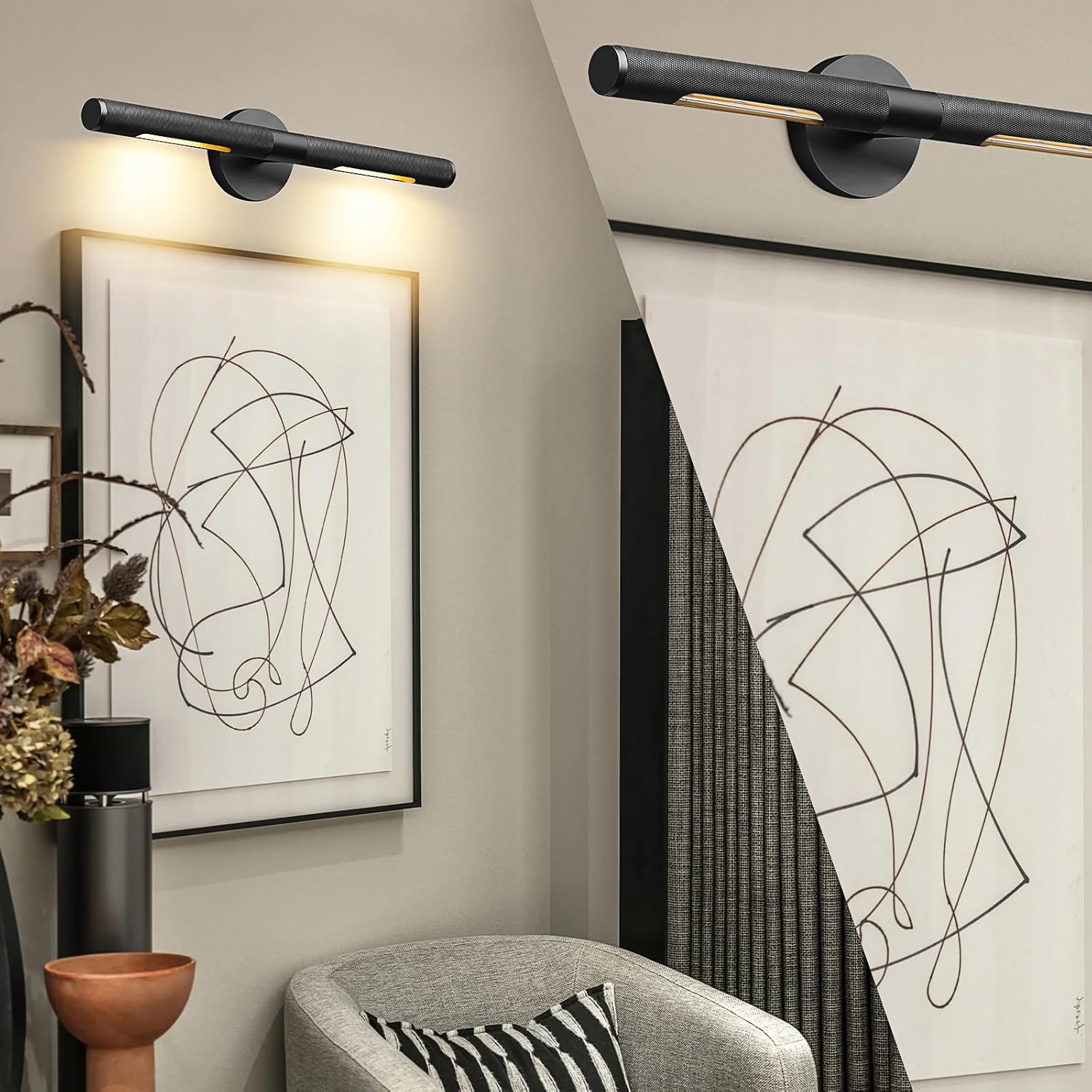 19” Brass Picture Lights, 3000K&6000K Modern Vanity Light, 360° Rotatable Wall Sconces Lampshade, Hardwired Art Light Over Picture Frame for Living Room, Bookcase, Artwork, Black