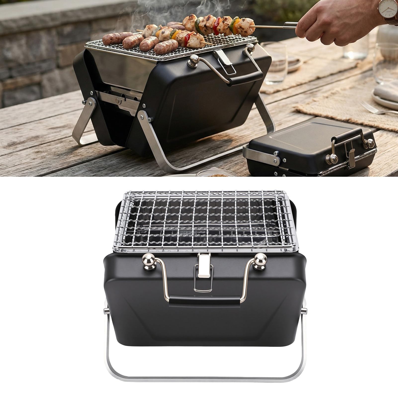 Griglia per Barbecue, Griglia per Barbecue Portatile Pieghevole e Compatta in Acciaio Inossidabile 6,5x4,3x5,9 Pollici, a Carbone con Custodia Integrata per Uso Esterno da Tavolo da Picnic
