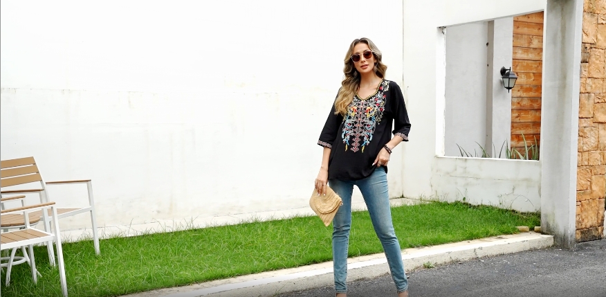 เสื้อแขนยาวปักลายสไตล์โบฮีเมียนสำหรับผู้หญิง AK - เสื้อเบลาส์ทรงหลวมลายดอกไม้สไตล์ชาวนา