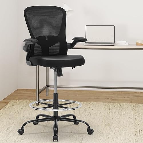Miniatura 2 de Silla de dibujo ergonómica, silla de escritorio de pie con soporte lumbar, silla de oficina alta con brazos abatibles, reposapiés, silla de