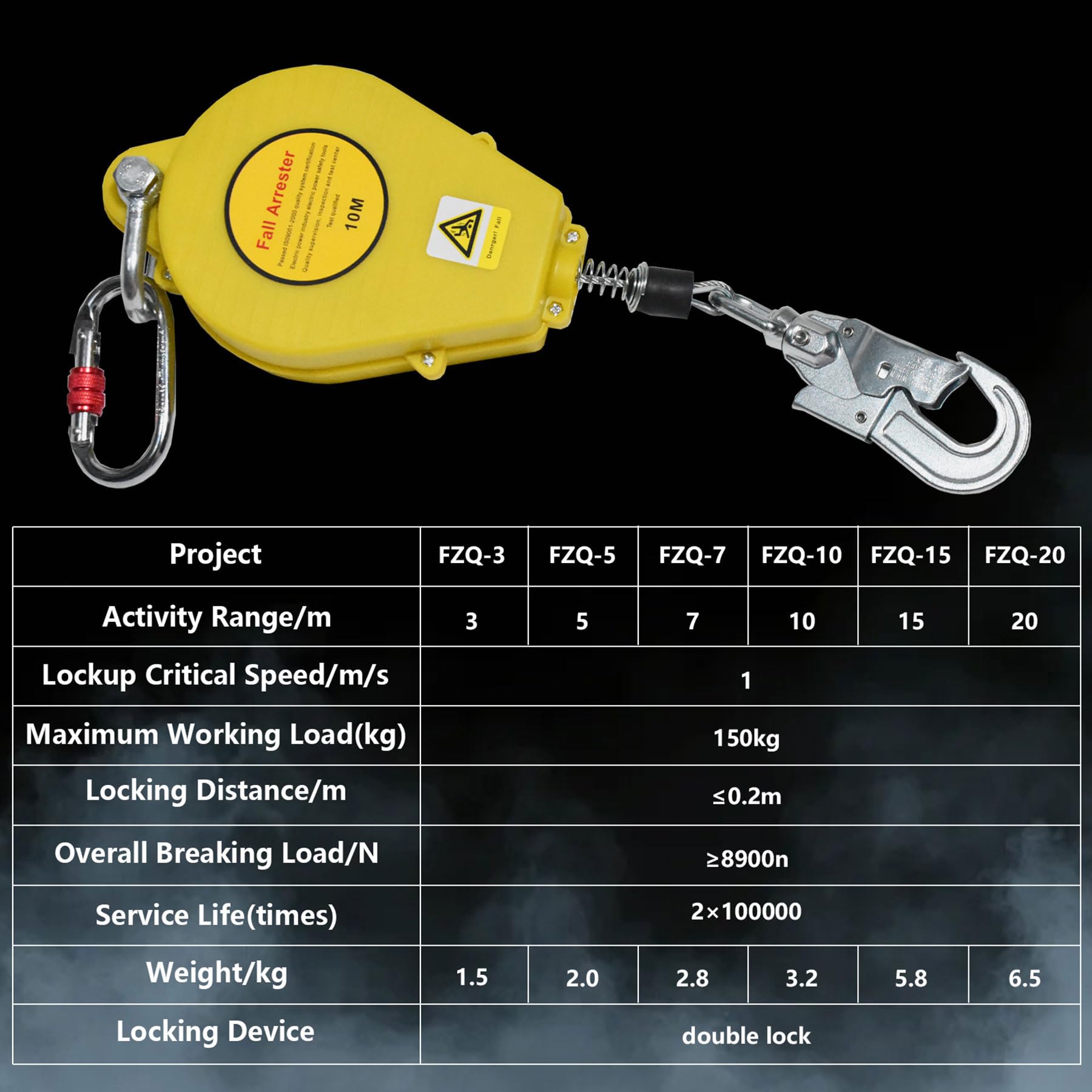Dispositivo Anticaduta Retrattile Certificato 10-20m (Giallo, 10m) | Imbracatura di Sicurezza Anticaduta Tetto 150KG con Gancio Autobloccante, Dispositivo Sicurezza Anticaduta per Lavoro Aereo