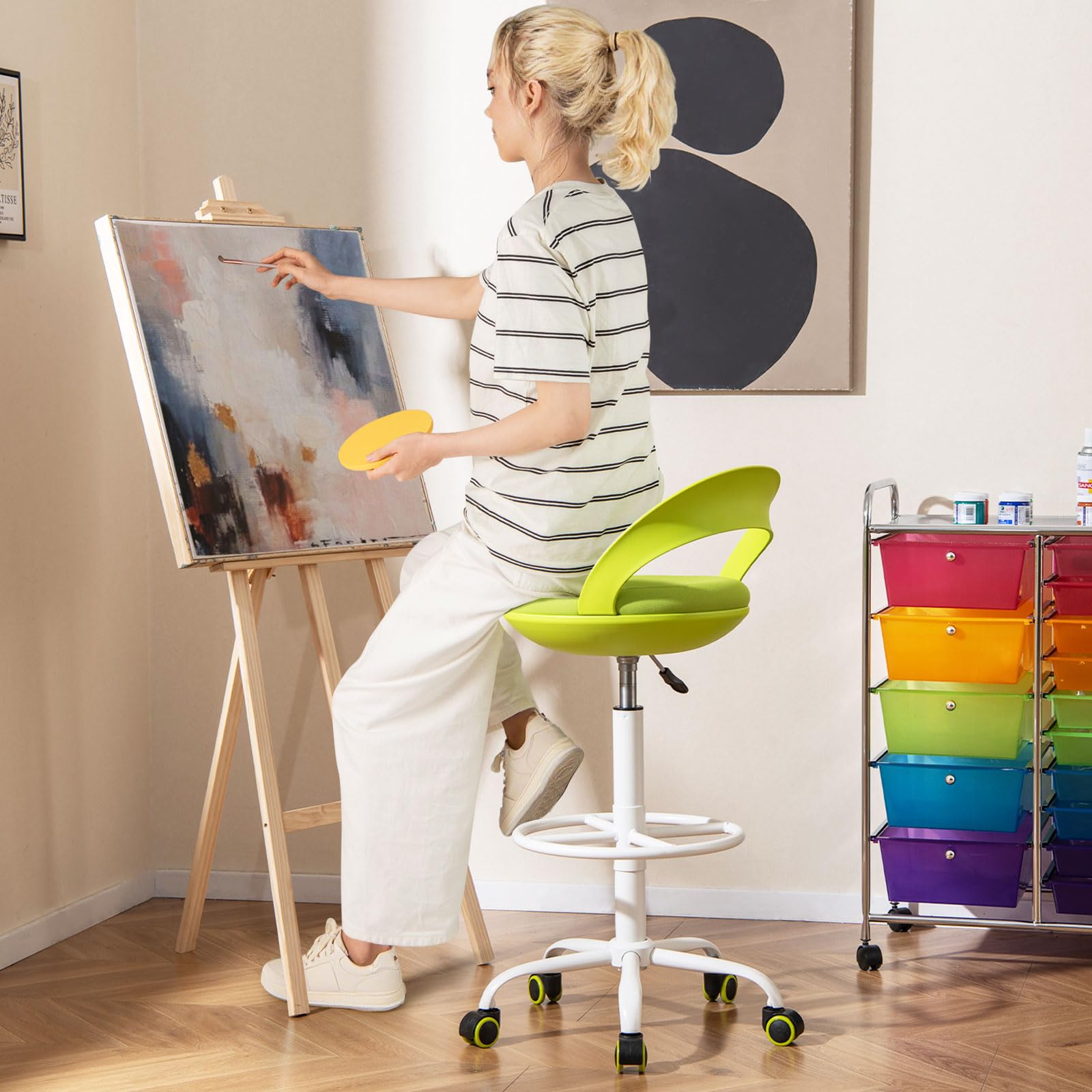 COSTWAY Taboret na kółkach z regulacją wysokości, taboret obrotowy na kółkach, 70-82 cm, taboret roboczy z siedziskiem tapicerowanym sztuczną skórą, taboret biurowy do studia artystycznego, rysowania
