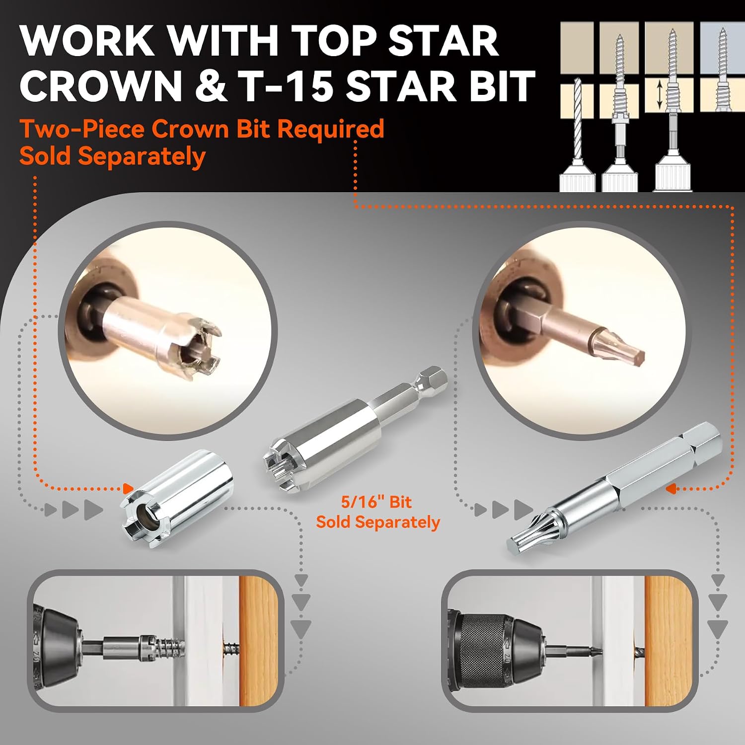 100 20161 Topstar Fasteners Adjustable Shim Screws 1/4"–3/8" x 3-1/8", Star Drive, Shim-Free Installation for Wooden Doors Windows & Cabinets, Compatible with GRK & U2 Crown Bit, Include Crown Bit